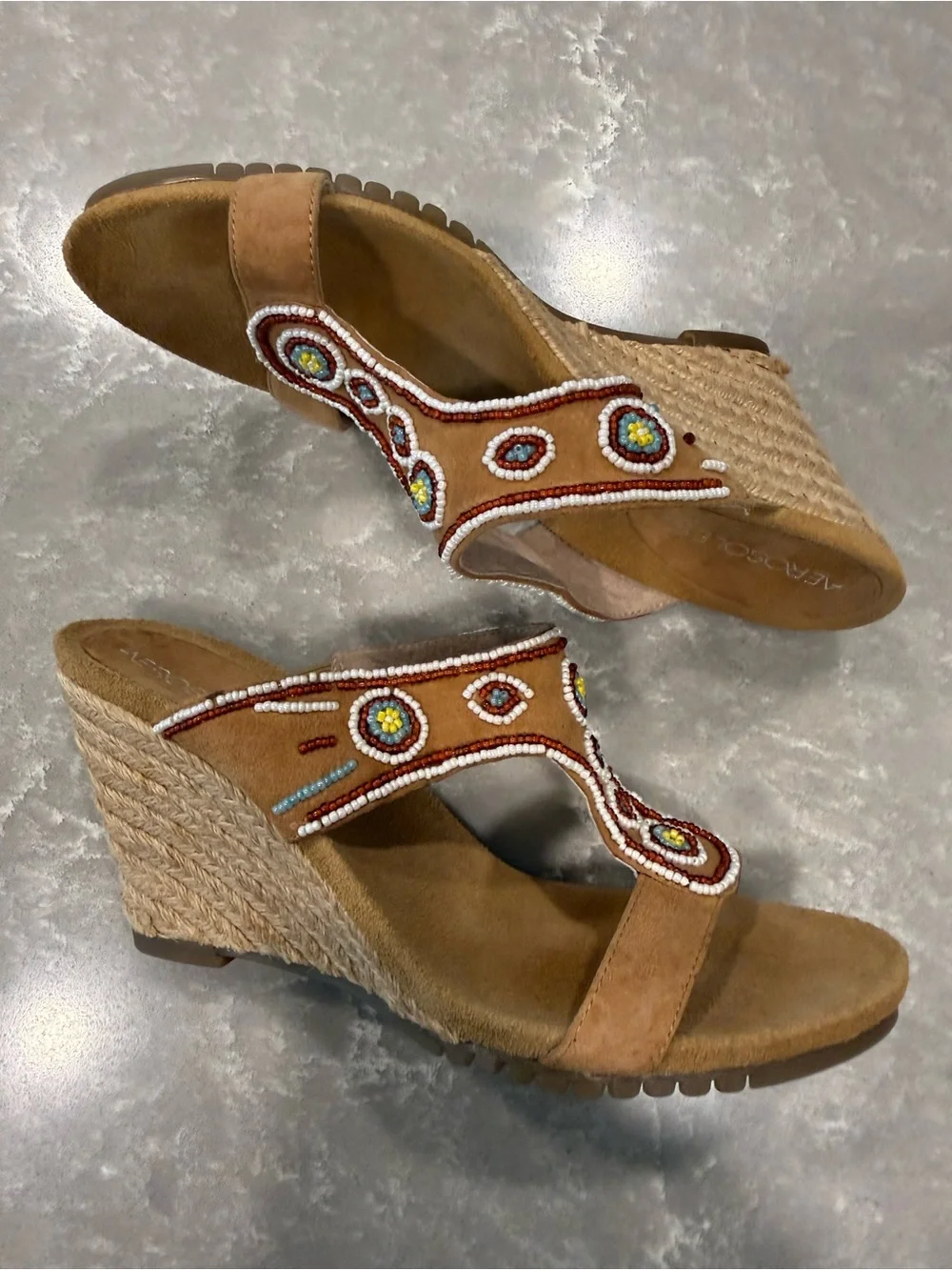Aerosoles Beaded Espadrille Wedge Sandals Tan Suede Boho Size 7M